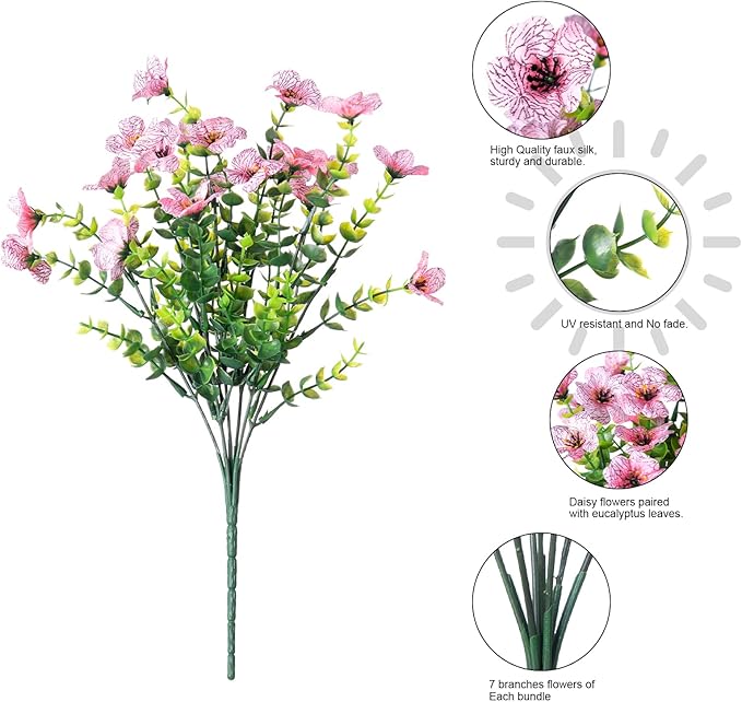 Artificial Fake Plants Flowers for Outdoor Outside Summer Decoration, 12 Bundles Faux Silk Pink Daisy UV Sun Resistant Realistic for Porch Patio Home Window Box Yard Garden Planter