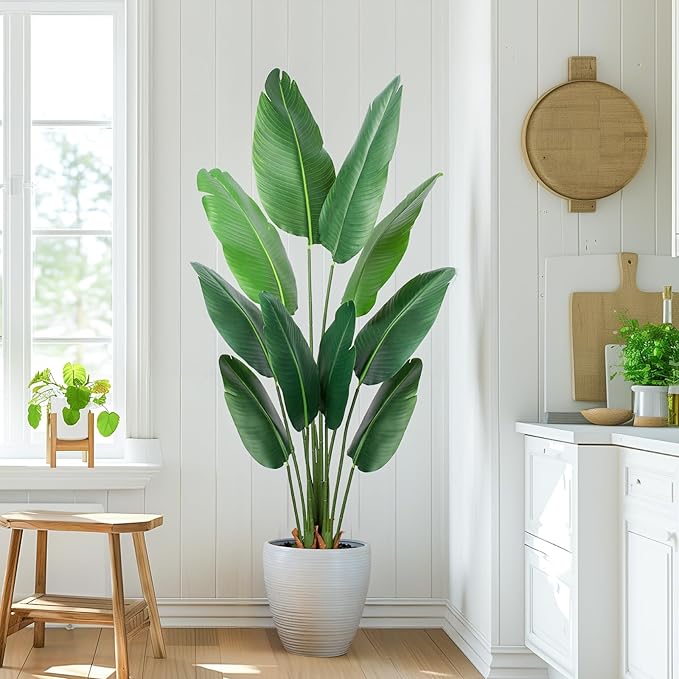 Artificial Bird of Paradise Plant 5 Ft Tall Fake Banana Leaf Plant for Indoors and Outdoors,Faux Palm Tree with Plastic Pot for Office and Home Decor,L1602PCS