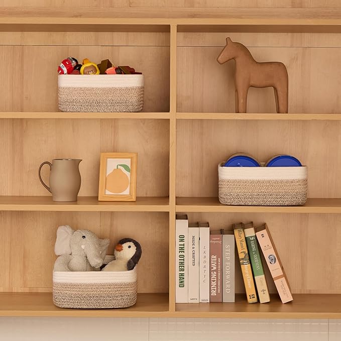 Small Square Shallow Baskets for Organizing, 9.7x9.7x4.3 Inch Rope Woven Storage Bins for Cubes Closet, Shelves Storage, Boho Decorative Basket, 2 Packs Gradient Brown