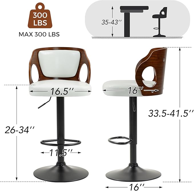 ECOTOUGE Swivel Bar Stools Set of 2, Height Adjustable Bentwood Island Stools, Modern Counter Height Bar Stools, Faux Leather Counter Stools with Back & Footrest, White