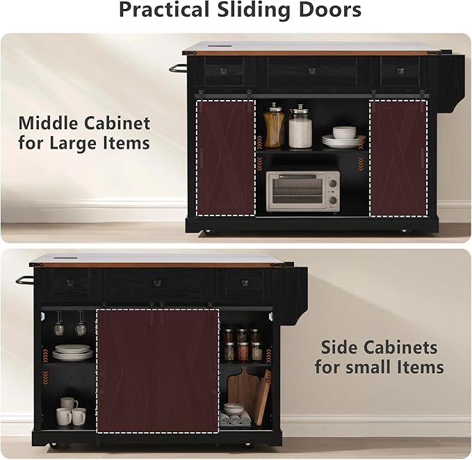 Merax Farmhouse Rolling Kitchen Island on Wheels with Drop Leaf Table & Power Outlet, Wood Kitchen Cart on Wheels with Spice Rack, Glass Holders, 3 Drawers & Cabinet, 58" Wide Black