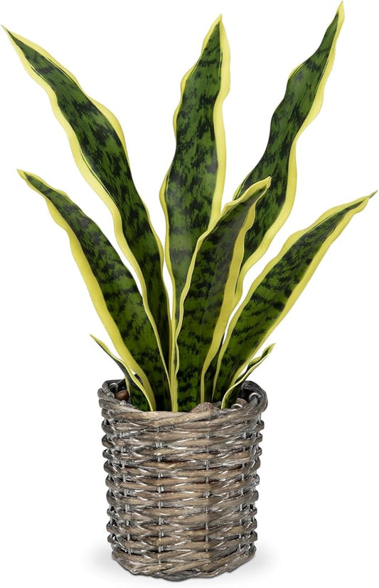 DILATATA Artificial Snake Plant 15 Inch Fake Sansevieria with Woven Basket Pot, Fake Mother in Law Plants Faux Potted Plant Greenery for Home Office Decor Indoor - Yellow