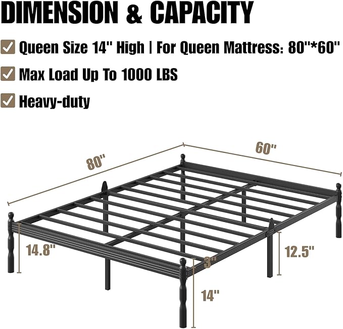14 Inch Queen Size Bed Frame with 2 Pcs Mattress Slide Stopper, Queen Platform Bed Frame Metal, No Box Spring Needed, Easy Assembly, Heavy Duty, Noise Free, Non-Slip