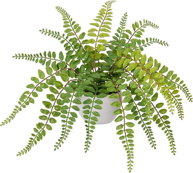 Hollyone Artificial Fern Potted Plant for Outdoors Indoors - Lifelike Faux Boston Fern in White Pot for Garden, Patio, Home, Farmhouse, Windowsill, Office, Living Room, Desk Decoration