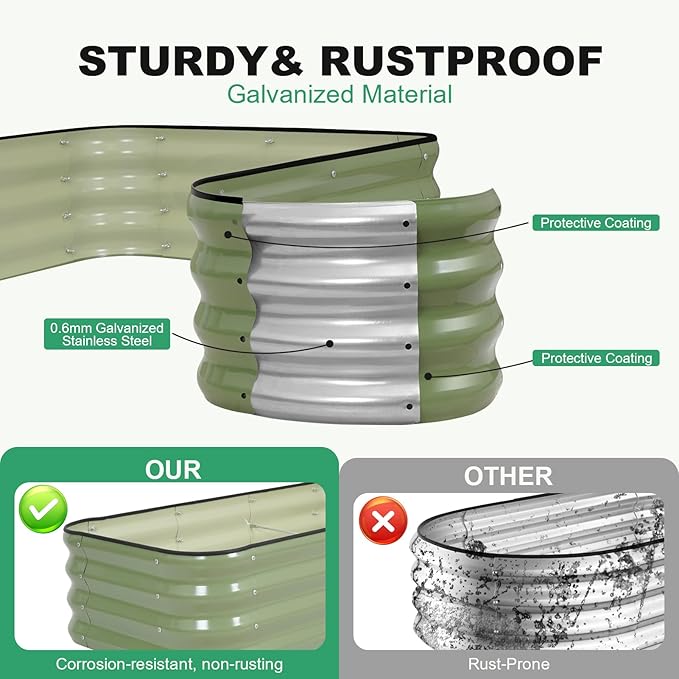 1MORE Raised Garden Bed -4X2X1 Galvanized Planter Box for Outdoor Gardening,3 in 1 Modular Raised Bed Kit with Protective Tape, Gloves for Herb，Ideal for Vegetables and Plants.Green-1Pcak