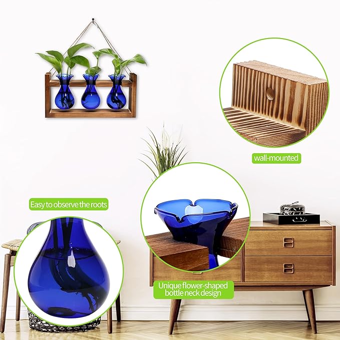 Plant Propagation Station Plant Terrarium Unique Birthday Gifts for Women Home Office Decor Planter with Wooden Stand - 3 Bulb Glass Vase