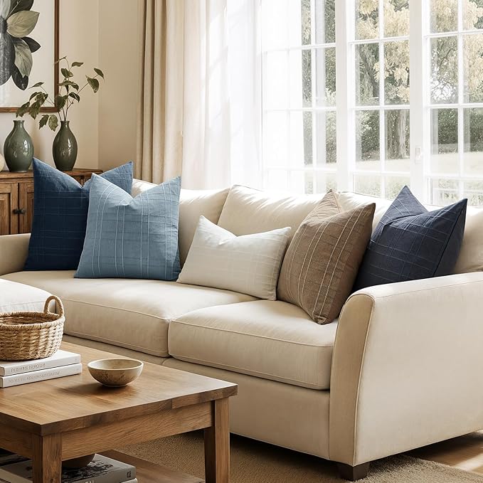 MIULEE Decorative Linen Check Throw Pillow Covers Neutral Farmhouse Vintage Pillow Covers 20x20 Set of 2 Boho Modern Home Decor for Sofa Couch Bedroom Cushion Blue Grey