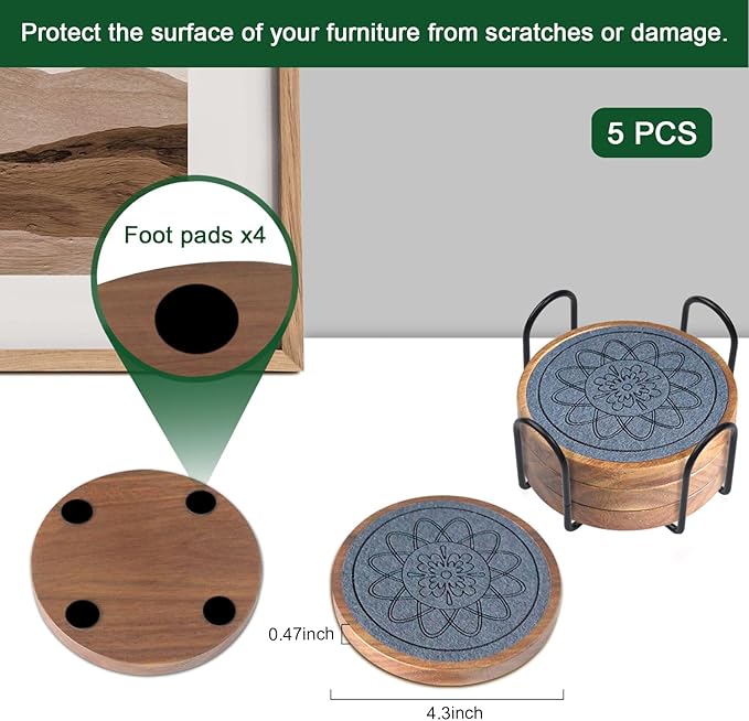 5 Pack Absorbent Coasters for Coffee Table with Holder, Wood Coasters with Felt Pads, Non-Slip, Non-Stick, Suit for Kinds of Cups 4.3 inch (Gray)