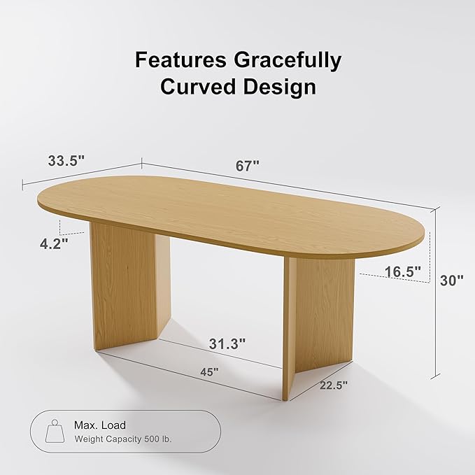 Casaphoria 67" Dining Table for 6, Wood Kitchen Table with Scratch-Resistant Top & V-Shaped Base, Modern Farmhouse Oval Dining Table for Living Room, Kitchen, Easy Assembly, Oak