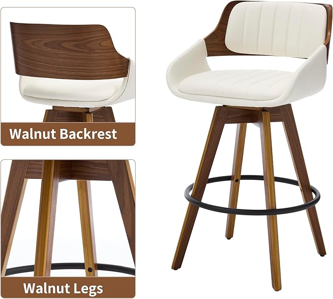 Swivel Bar Stools Set of 2, Walnut Counter Height Bar Stools with Back and Arms, 26" Modern Faux Leather Upholstered Bar Chairs for Kitchen Island Bar-Beige