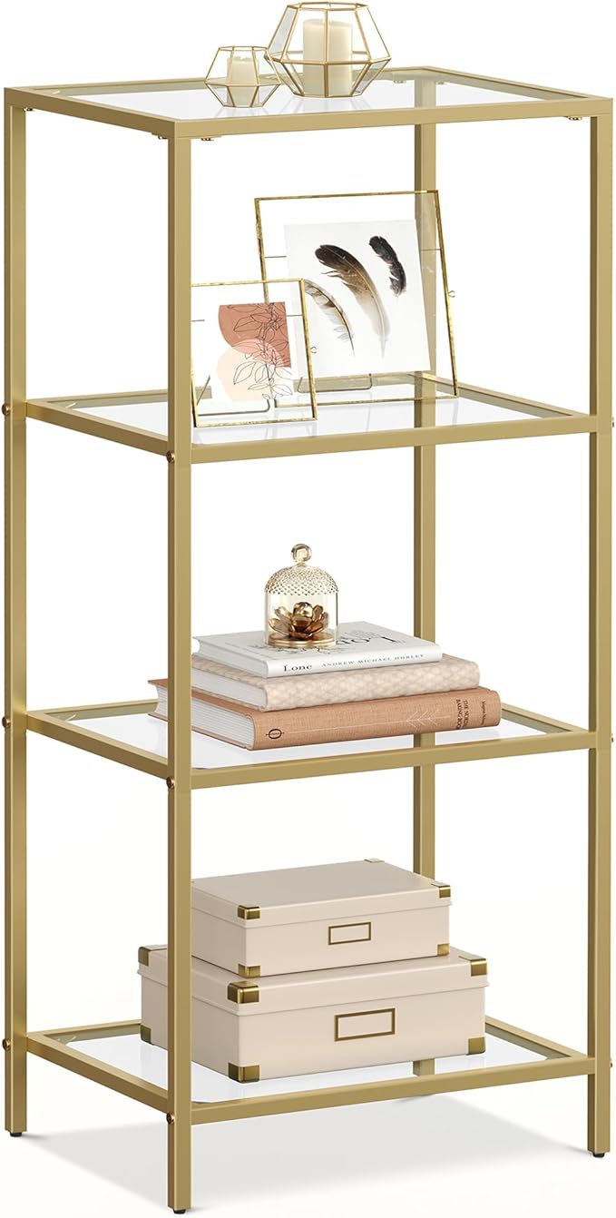 VASAGLE Bookcase, 4-Tier Bookshelf, Slim Shelving Unit for Bedroom, Bathroom, Home Office, Tempered Glass, Steel Frame, Metallic Gold ULGT28G