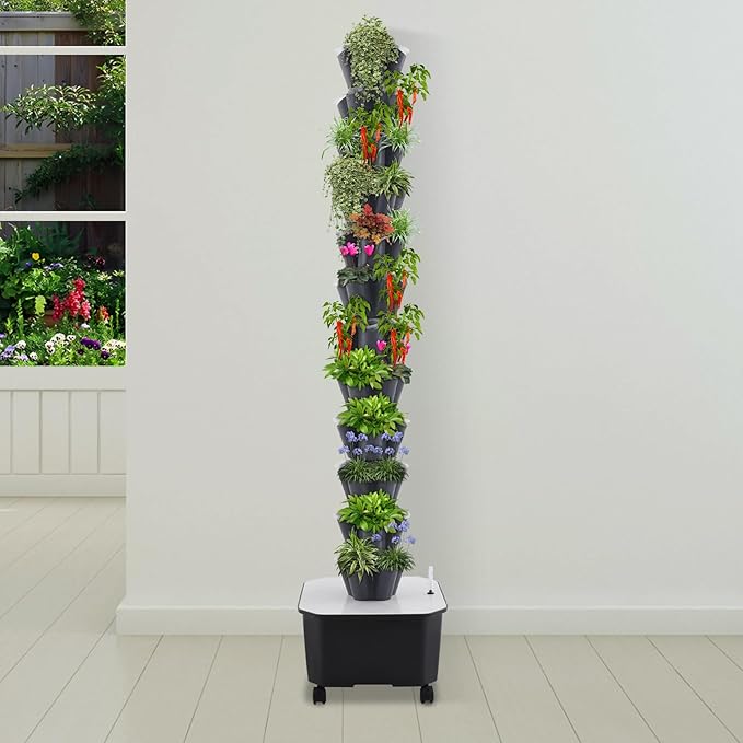 60 Hydroponics Growing System Kit 12 Layers Hydroponic Tower Indoor Outdoor Gardening System with 6.6gal Water Tank & Four Universal Wheels Vertical Garden Planter Kits for Balcony, Corridor, Office