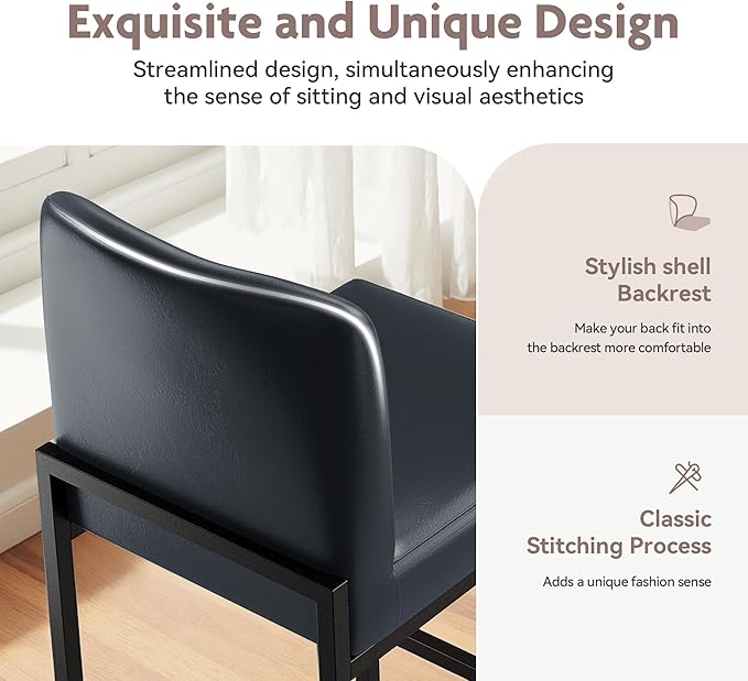 ALPHA HOME 24 Inch Bar Stools Set of 4 Kitchen Counter Stools with Back Pu Leather Counter Chair Counter Height Bar Stools with Upholstered Footrest Sturdy Chromed Metal Steel Frame, Midnight Blue