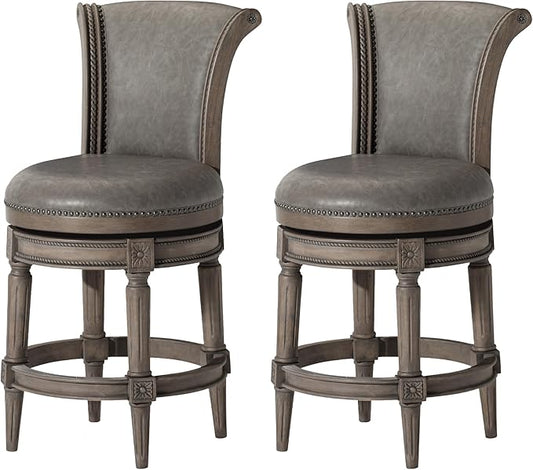 Maven Lane Pullman Counter Stool 26 Inches – Set of 2 – Swivel Stools with Footrest – Grey Solid Wood Frame & Grey Faux Leather Upholstery – Perfect for Kitchen Islands & Counters