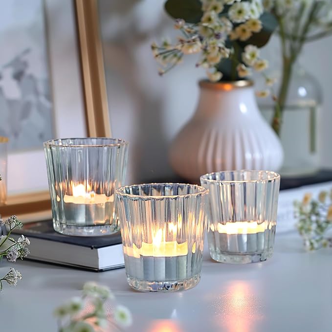 ComSaf Votive Candle Holders, 12 PCS Glass Candle Holders, Ribbed Tealight Candle Holder for Table Centerpieces, Clear Candle Holder for Wedding, Home Decor, Party, Baby Shower, Special Occasions