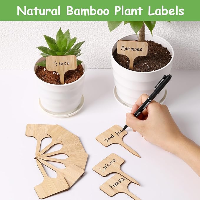 70Pcs Bamboo Plant Labels with 1 Marker Pen, T-Type Natural Seedling Nursery Sign Tags, Wood Garden Markers Decorative Patio Tags for Outdoor Indoor Potted Plants Herbs Flowers Vegetables