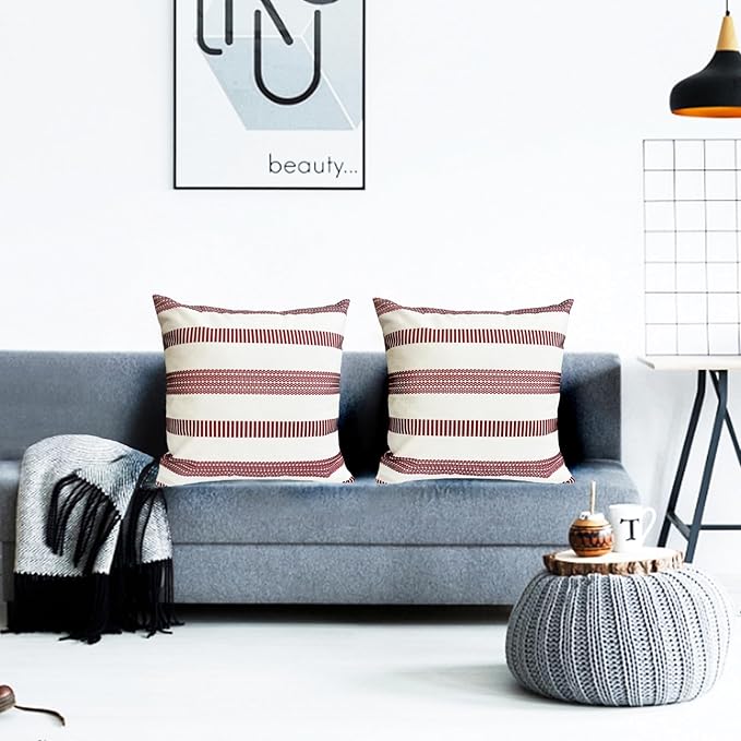 Decorative Throw Pillow Covers Set of 2 Wine Red Boho Striped Pillow Covers 20x20 Inch Throw Pillow Cover Linen Pillowcase Farmhouse Outdoor Pillow Covers for Couch Sofa Bed Living Room