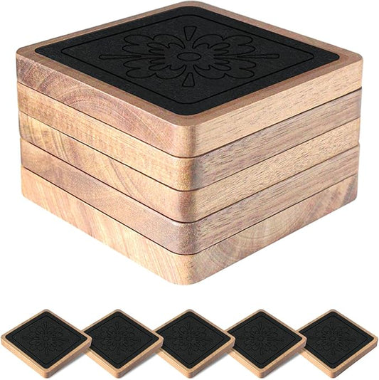 Square Coasters for Drinks, Absorbent Coaster Sets of 5, Wood Drinks Coasters for Coffee Tabletop Protection, Non-Slip, Non-Stick, Suitable for Kinds of Cups Wooden Table Drink, 4.1 Inches Black