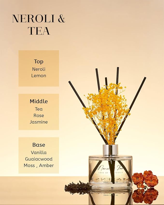 M&SENSE Reed Diffuser Set with 7 Sticks | 7.0oz Fresh Neroli & Tea Scent, Home Flame Free Fragrance Diffuser for Bathroom Office Hotel Shelf, Long Lasting Floral Diffuser with Baby's Breath Flower