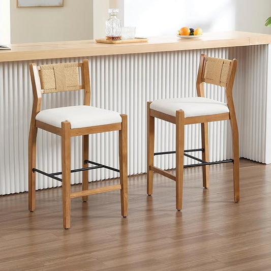 CIMOTA Rattan Counter Height Bar Stools Set of 2, 26" Farmhouse Barstools with Woven Backs, Boho Oak Wood Bar Stool Chairs Linen Upholstered Counter Stools for Kitchen Island/Counter