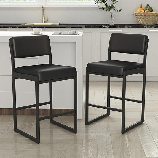 Mid Century Modern Counter Height Bar Stools Set of 3, 26" Bar Height Chairs with Backs, Upholstered Counter Stools, Metal Barstools for Kitchen Island (Black- Faux Leather, 26"H - Set of 2)