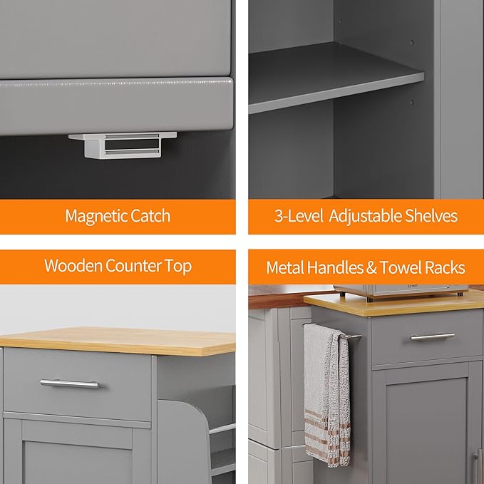 Shintenchi Small Kitchen Island on Wheels with 3-Tier Side Spice Rack and Rubber Wood Top, Trolley Cart with Storage Cabinet & Drawer and Handle/Towel Rack, Gray