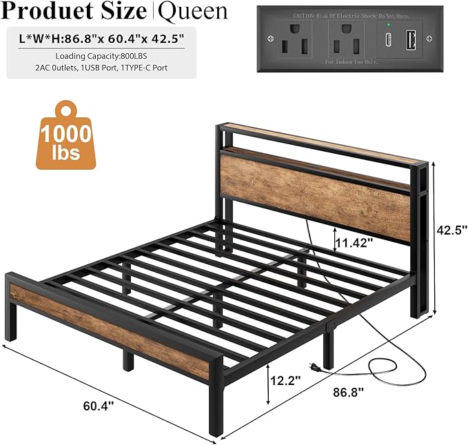 Queen Size Bed Frame with Storage Headboard, Industrial Platform Bed with Charging Station and LED Lights, Heavy Duty Metal Slats, No Box Spring Need, Noise Free, Rustic Brown
