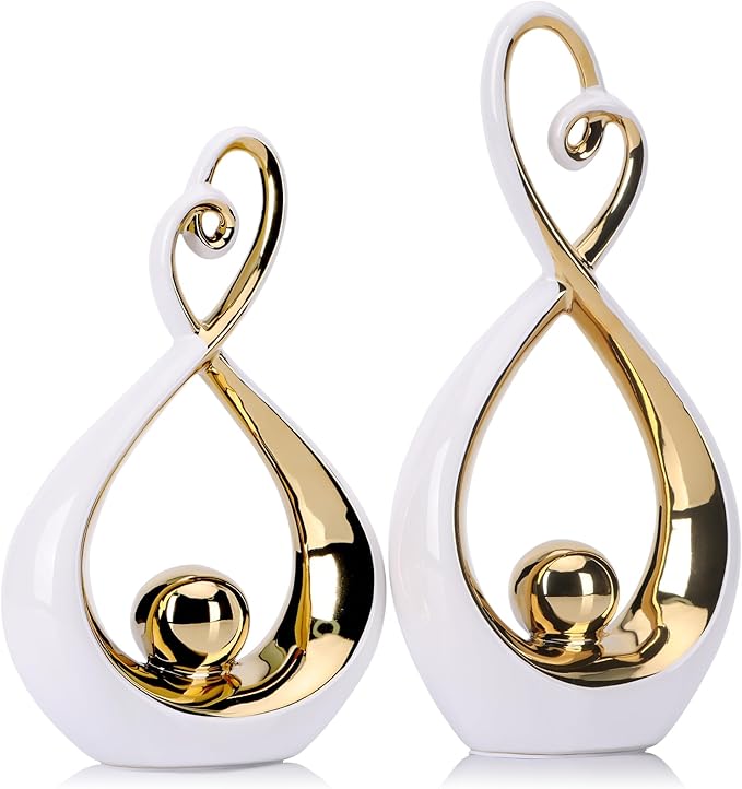 White Decor Accent, Porcelain Art Mid Century Modern White and Gold Decorations, Dining Table Objects, Abstract Ceramic Statue Sculpture - for Bookshelf Tv Stand Centerpiece Centro De Mesa