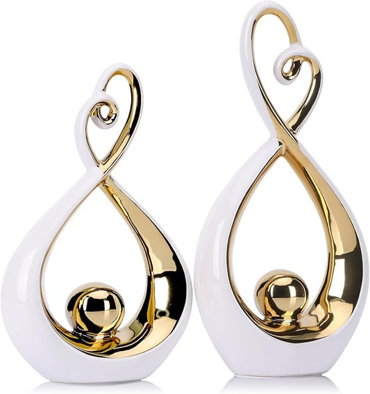 White Decor Accent, Porcelain Art Mid Century Modern White and Gold Decorations, Dining Table Objects, Abstract Ceramic Statue Sculpture - for Bookshelf Tv Stand Centerpiece Centro De Mesa