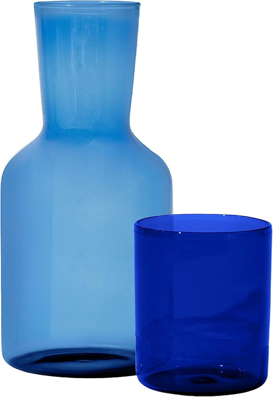 Glass Carafe and Cup Set | BPA Free, Dishwasher Safe, Durable & Lightweight | Ideal for Cold & Hot Beverages - Light Blue & Cobalt