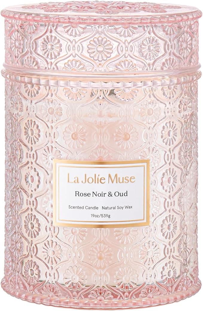 LA JOLIE MUSE Rose Noir & Oud Candle, 19 Oz, Pink Rose Scented Candle Gift, Wood Wicked Large Candles for Home Scented, Long Burning Time