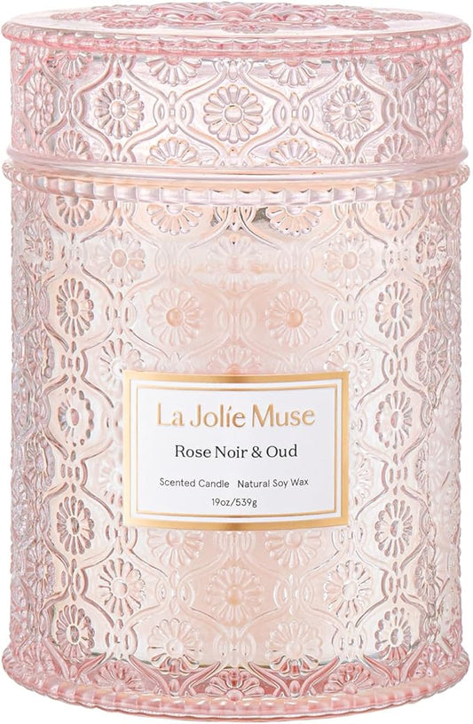 LA JOLIE MUSE Rose Noir & Oud Candle, 19 Oz, Pink Rose Scented Candle Gift, Wood Wicked Large Candles for Home Scented, Long Burning Time