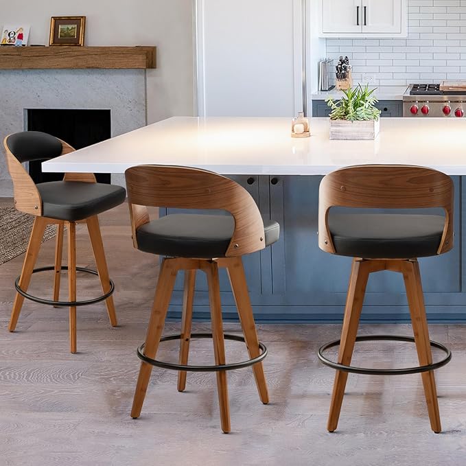 Barstools Set of 3,Bar Height Bar Stools for Kitchen Island,30.3 Inch Modern Upholstered Bar Chair, Swivel Bar Stools with Back and Wood Legs (Black-PU)
