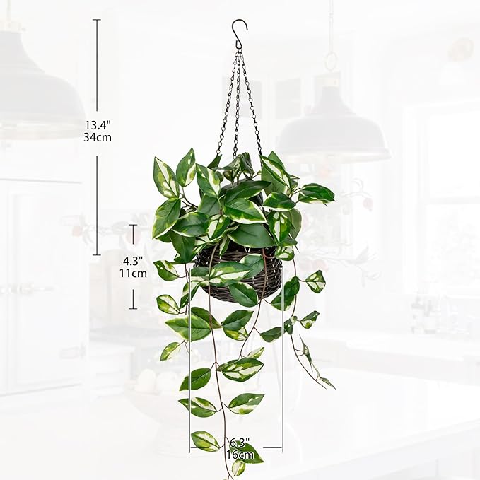 Oairse Artificial Hanging Plants Fake Hanging Plants with Pots Faux Golden Pothos N‘ Joy Potted Plant Wall Plant with Basket Pot for Wall Shelves Bedroom Bathroom Indoor Outdoor