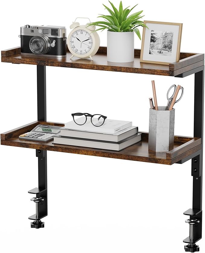 Clamp On Desk Shelf 2-Tier, 16.5 in Wood Shelving Unit for Office Desk/Gaming Accessories, Tabletop Book Storage Rack, Shelf for Top of Desk, Brown