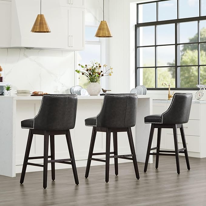 CHITA Counter Height Swivel Bar Stools Set of 2, FSC Certified Upholstered Counter Stools, Modern Swivel Barstools with Wood Legs for Kitchen Island, 30" Seat Height, Faux Leather in Retro Grey