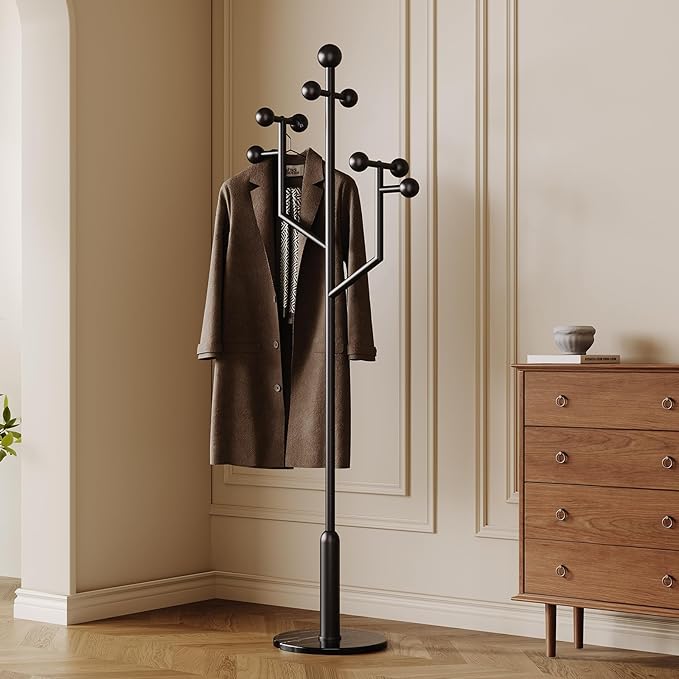 Modern Coat Racks,Coat Rack Freestanding with Marble Base,coat tree freestanding heavy duty,Metal Coat hanger Stand with 8 Ball hooks for Bags,Jacket,Clothes,Hats
