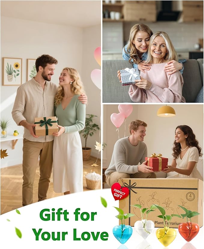 Nacome Wall Hanging Glass Planter Terrarium Plant Propagation Station, 4 Pack Heart Shape Vase for Hydroponic Home Office Garden Decor,Unique Gardening Gifts for Plant Lovers Women Mom(Colored)