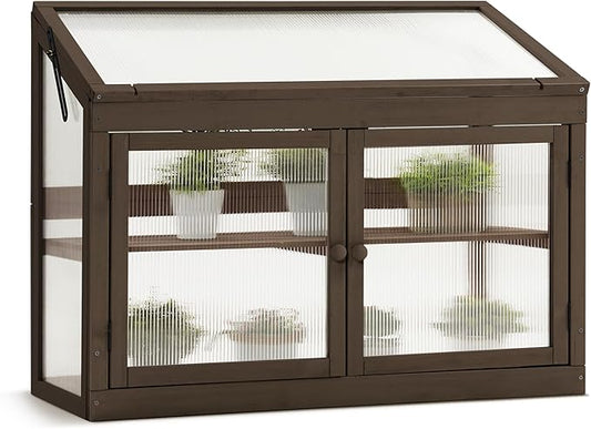MCombo 2-Tier Wooden Cold Frame Garden Greenhouse Raised Flower Planter Shelf Bed Protection 6057-0160 (Brown)