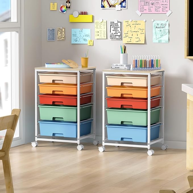 Craft cart,Rolling Cart with Drawers,Storage Cart with 5 Drawers and Wooden Tabletop for Under Desk Organizers and Storage,Macaron