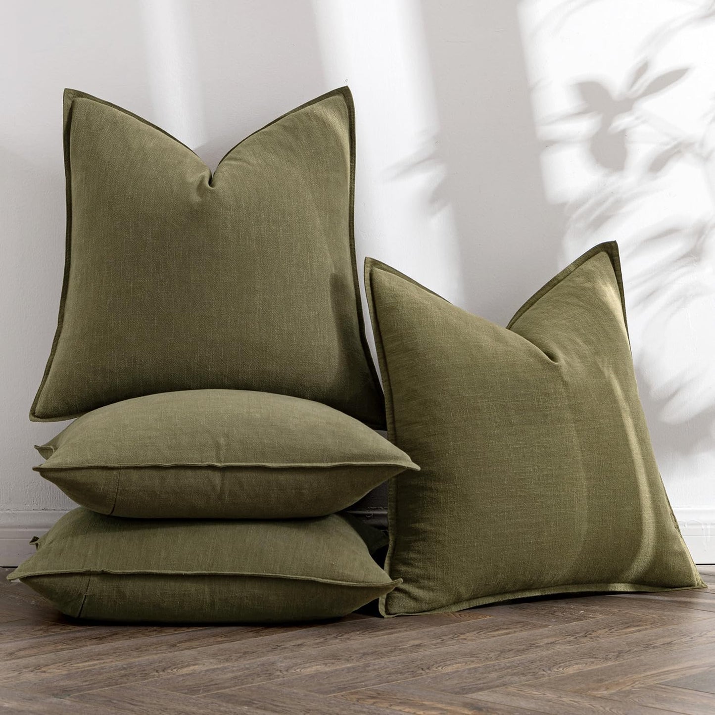 MIULEE Olive Green Linen Pillow Covers Pack of 4 Decorative Natural Solid Throw Pillow Covers Soft Accent Boho Farmhouse Couch Pillowcases Modern Home Decors for Living Room Bed Sofa 18x18 Inch