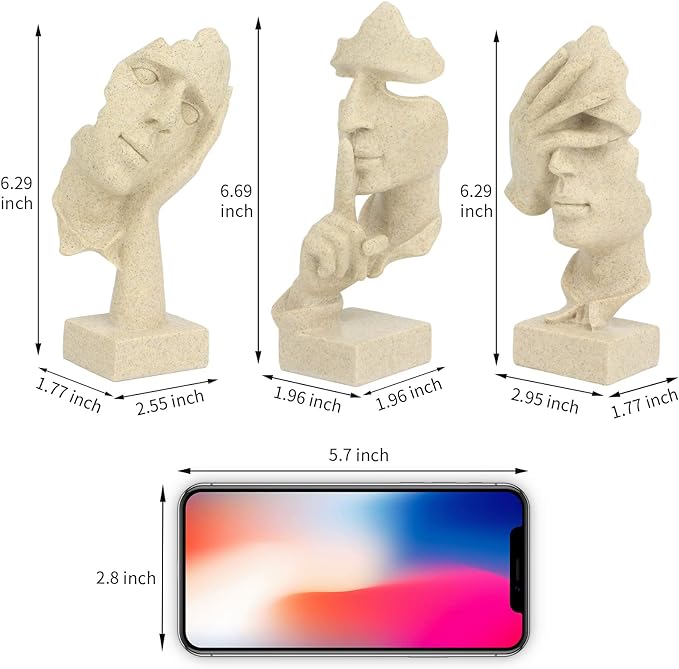 3 Pcs Thinker Statue, Silence is Gold Abstract Art Figurine, No Hear No See No Speak Modern Home Resin Sculptures Decorative Objects Decor for Home Office Bookshelf Desktop(Sandstone)