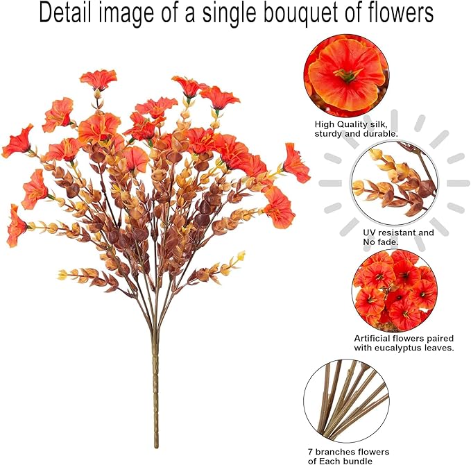 Artificial Outdoor Flowers 16 Bundles Fake Morning Glory Flower Outdoor UV Resistant Plastic Faux Flowers Plants for Decoration Indoor Outdoor Hanging Window Box Planter Home Porch Decor (Fall Orange)