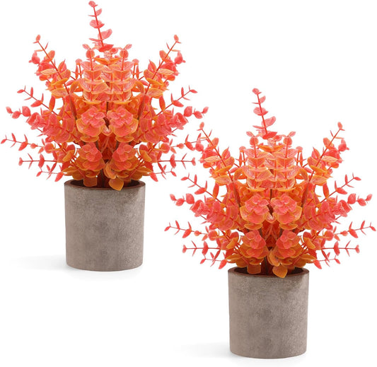 2 Pack Fall Small Fake Plants Eucalyptus Potted Artificial Plants Fall Decorations for Home Shelf Office Bathroom Desk Farmhouse Room Coffee Table Decor Fall Decor (Fall Orange)