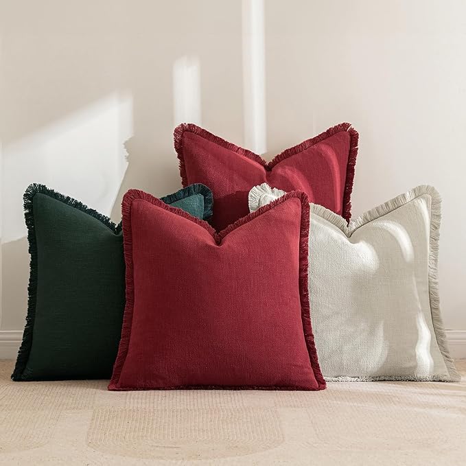 MIULEE Linen Pillow Covers 20x20 Inch Decorative Throw Pillows with Fringe Pack of 4 Soft Farmhouse Boho Couch Pillows Home Decors for Sofa Cushion Living Room Bed Dark Green and Burgundy