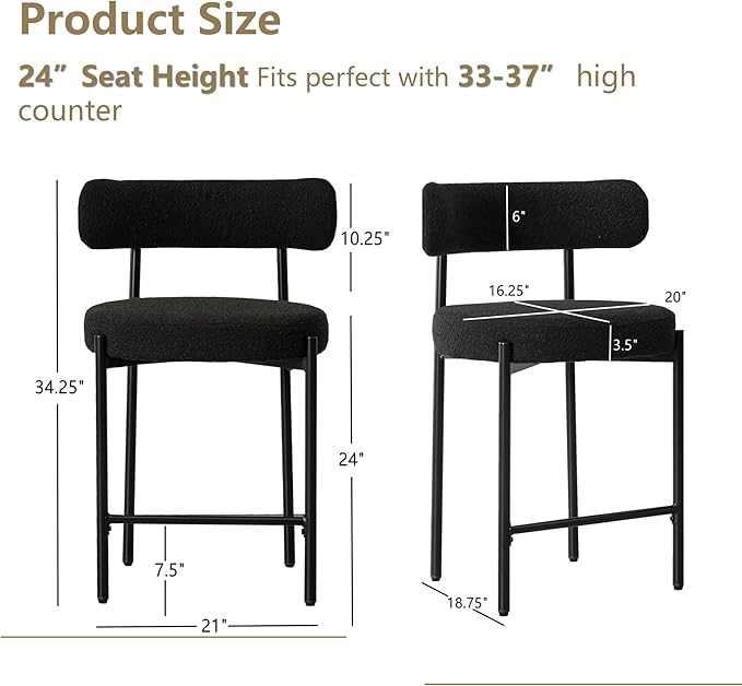 24'' Boucle Bar Stools Set of 3, Black Bar Stools with Backs, Counter Height Bar Height Stools for Kitchen Island, Upholstered Bar Chairs