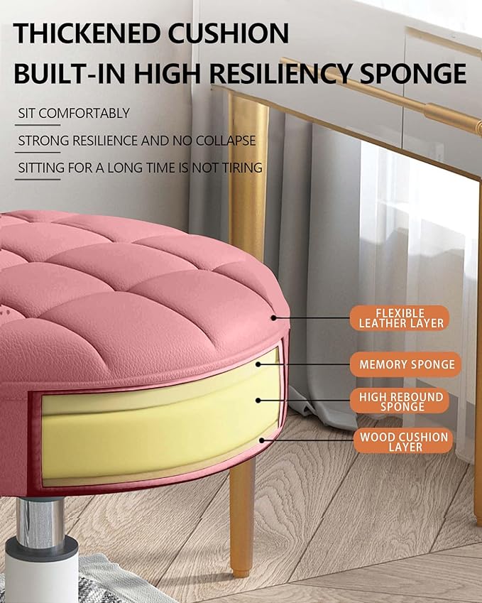 Small Chair Round Rolling Stool with Wheels PU Leather Height Adjustable Swivel Drafting Work SPA Salon Stools Home Office Chair