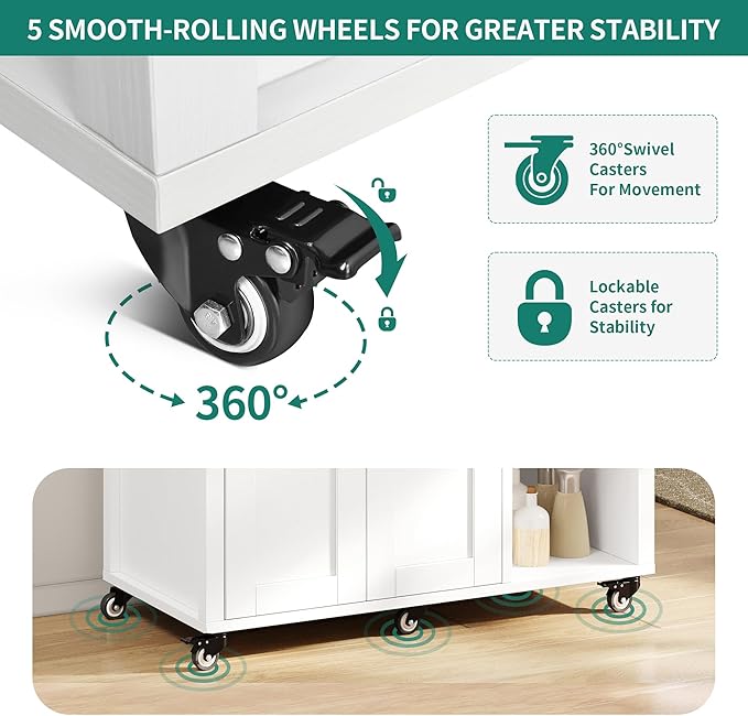 YITAHOME 37" Rolling Kitchen Island Cart with Storage, Butcher Block Island on Wheels, Mobile Kitchen Storage Carts with Shelves & Spice Rack, White