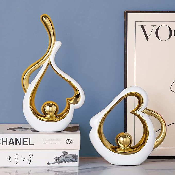 Gold Decor for Living Room, Abstract Sculptures Home Decor, Ceramic Statue Coffee Table Decor, Heart Shape Table Centerpieces for Dining Room, Modern White Sculpture Decor