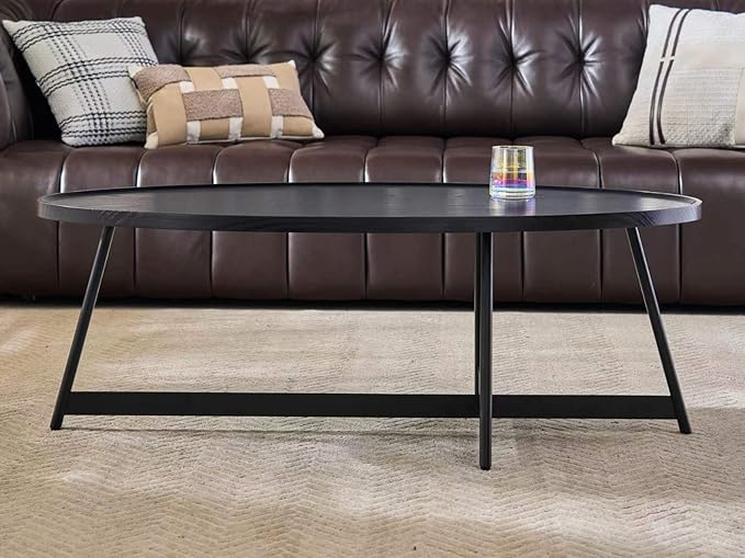 Shrine Wood Coffee Table, Walnut Table for Living Room, Metal Wood Table, 43.3" D x 21.6" W x 15.7" H, Black Wood Base & Metal Frame